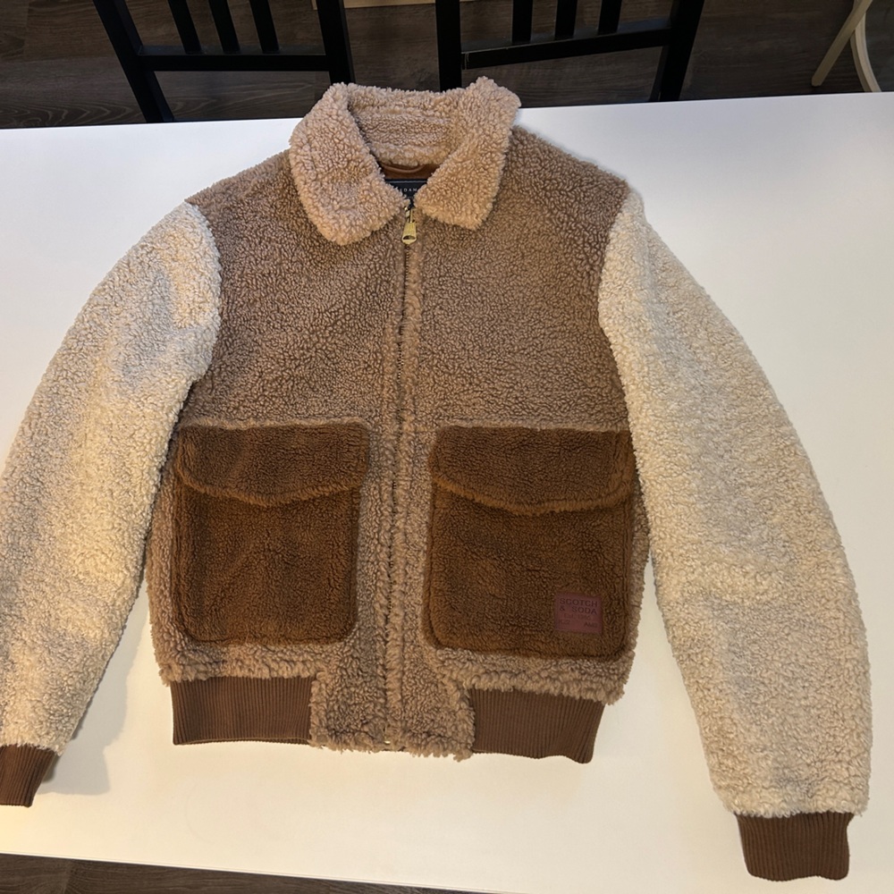 Scotch & Soda Two-Tone Teddy Sherpa Jacket in Brown and Cream